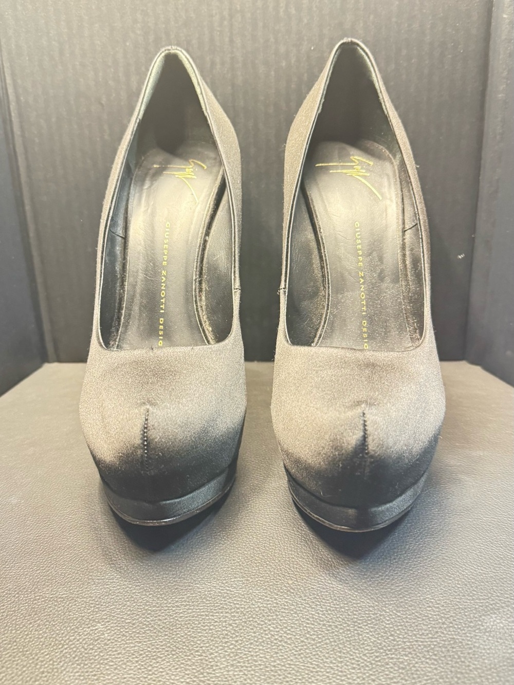 Giuseppe Zanotti Black Satin Platform Pumps with Sculpted Heel